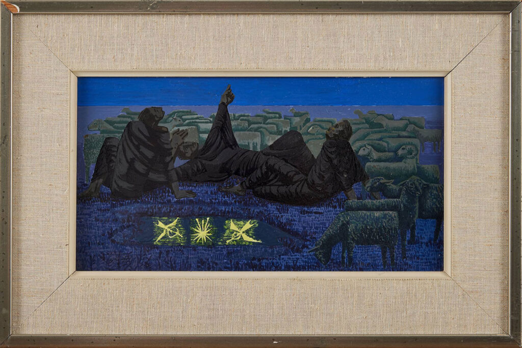 Three shepherds in dark robes recline in a blue night landscape among sheep, gazing upward as three glowing yellow symbols shine below.