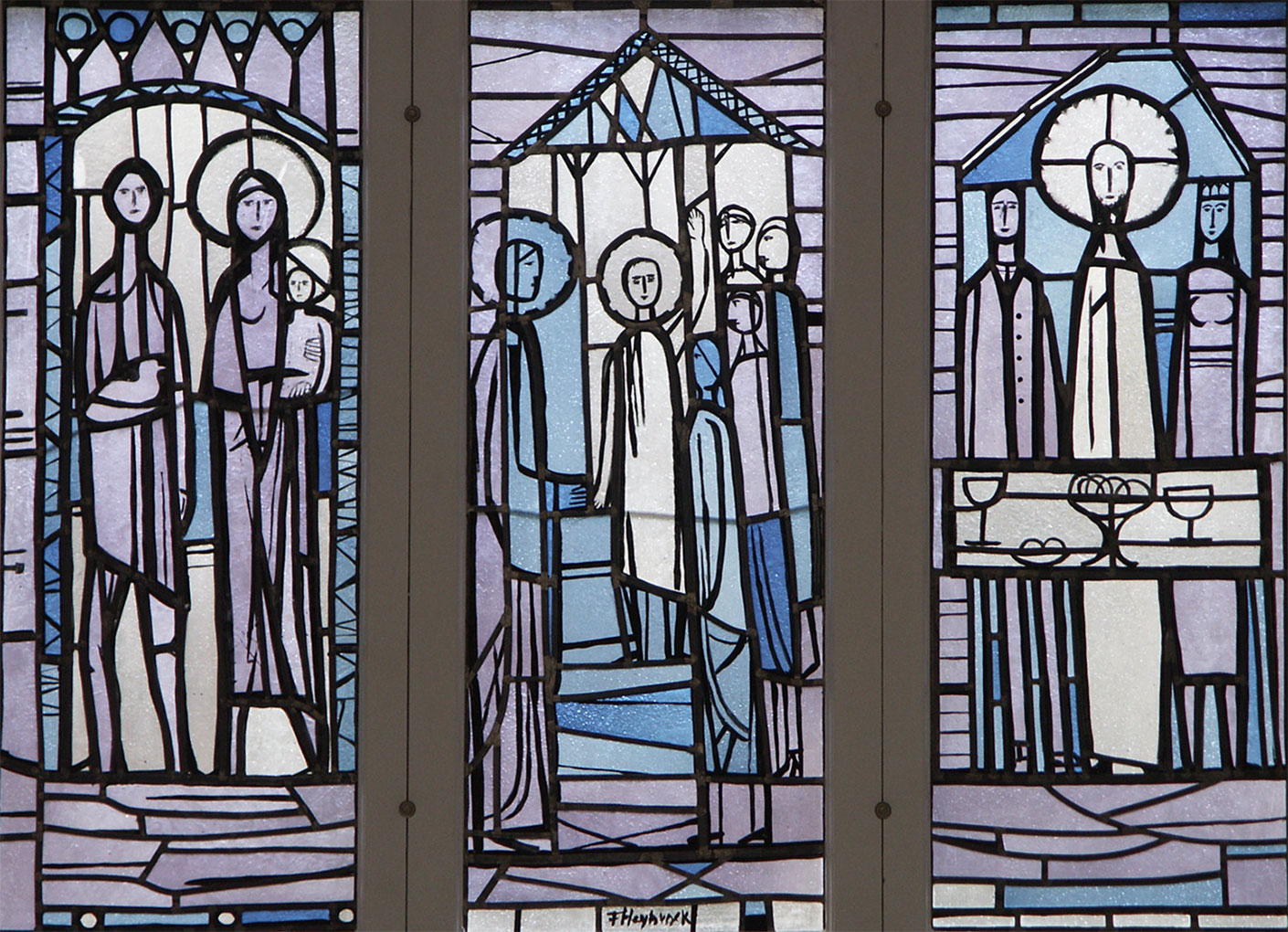 Stained-glass window with stylized biblical figures, halos, and simple architectural forms arranged in three vertical panels.
