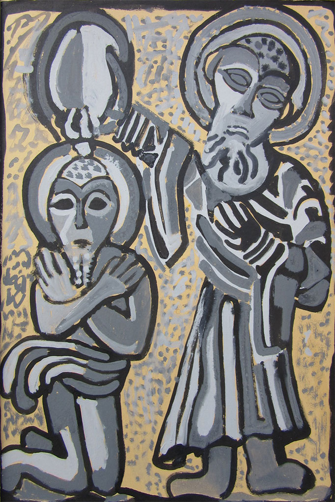 St Benoît Sur Loire. Monochrome mural-style artwork showing a standing figure with a halo blessing or touching a kneeling figure beneath a large symbolic shape.
