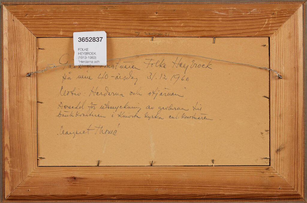 Framed artwork’s back showing handwritten Swedish notes, wire hanger, and a label identifying artist Folke Heybroek with catalog information.