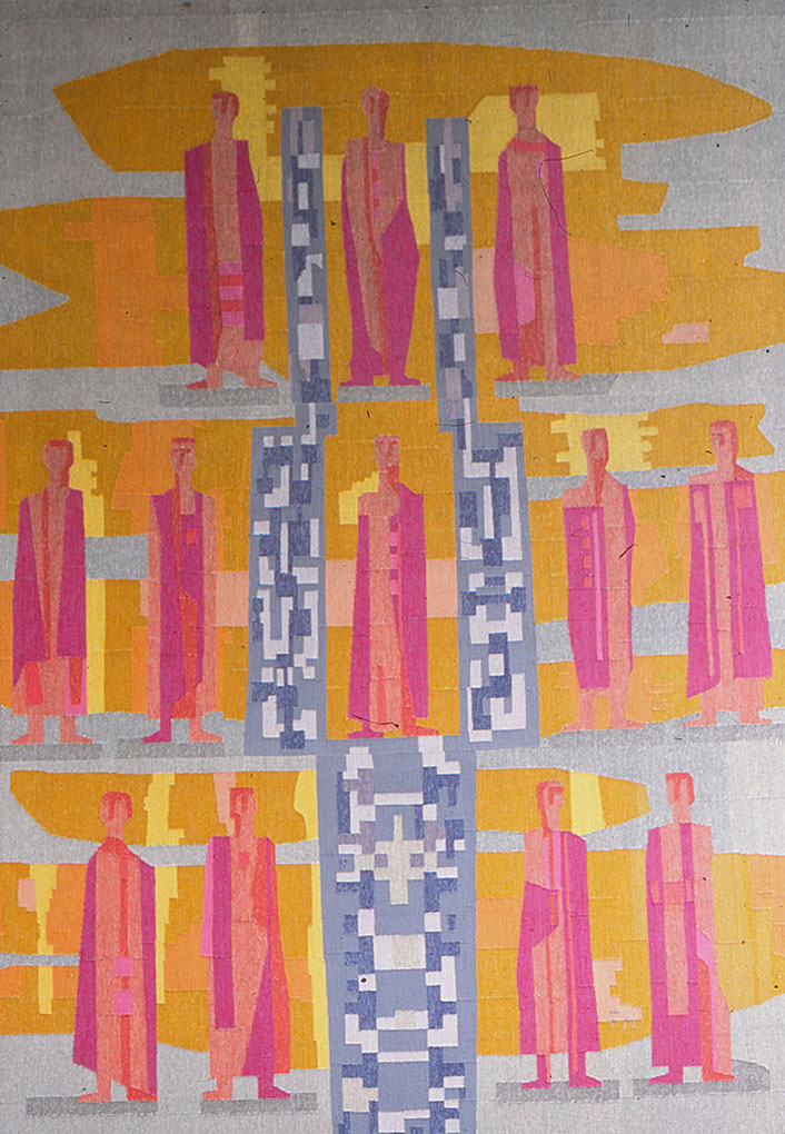 Abstract art showing pink human-like figures arranged around patterned columns against a yellow and grey layered background.