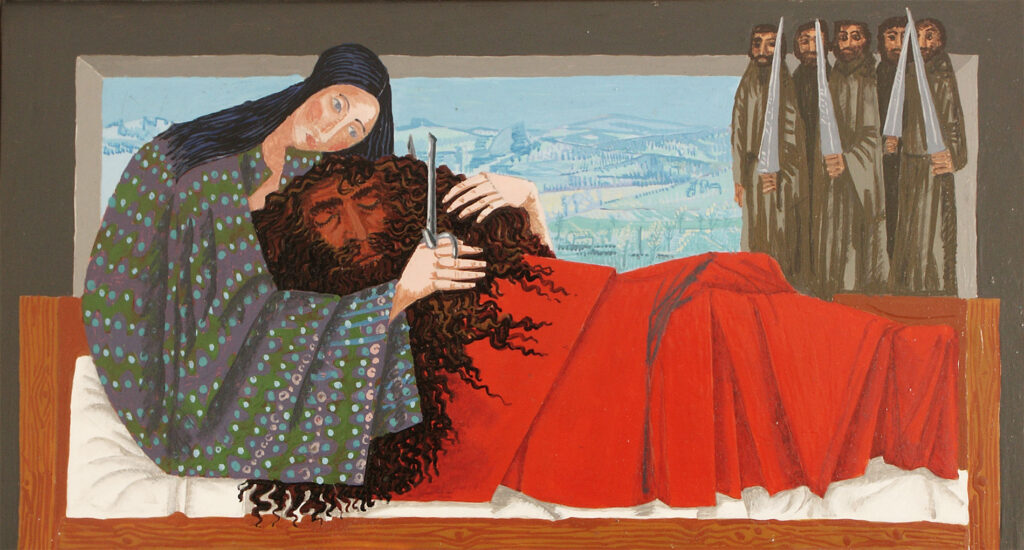 Woman cuts a sleeping man’s long hair on a bed while four sword-holding figures stand in the doorway against a bright landscape backdrop.