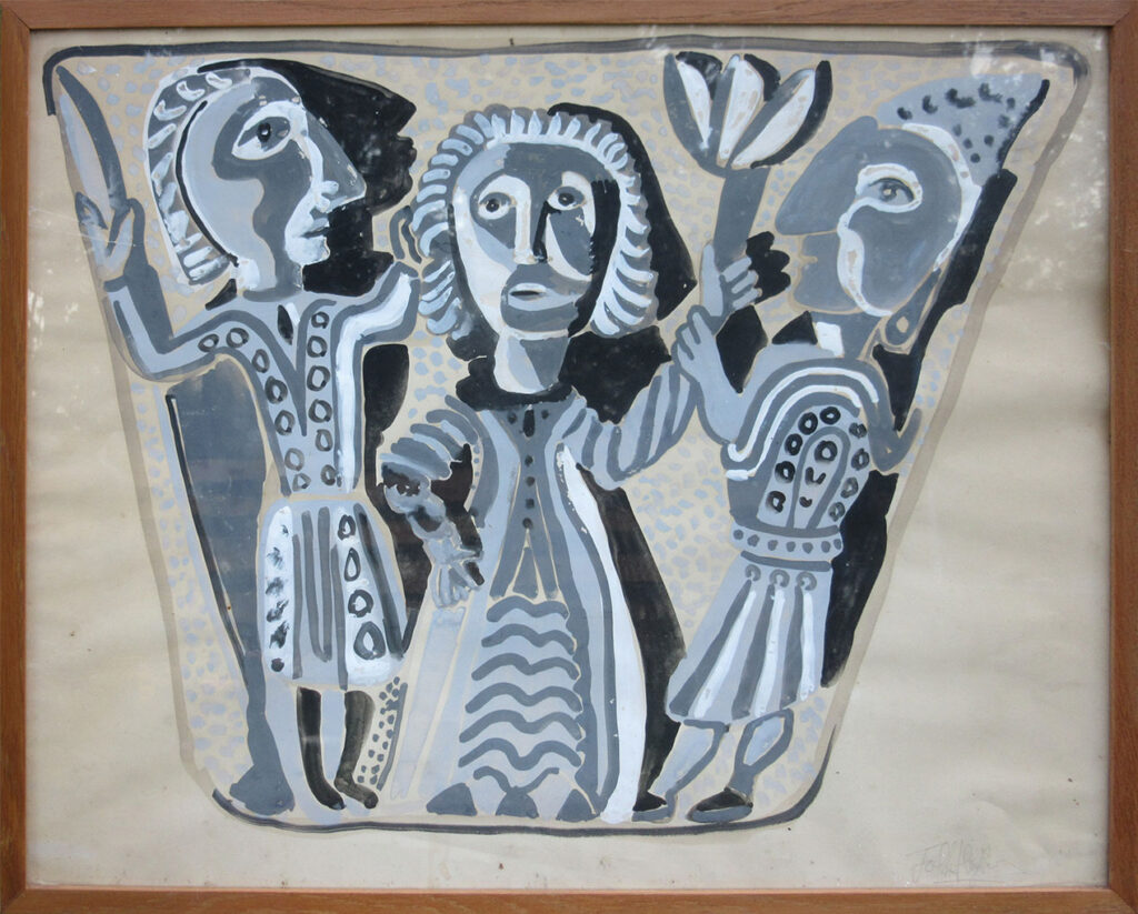St Benoît Sur Loire. Abstract monochrome artwork of three stylized figures in patterned robes holding objects, set in bold grey and black shapes.