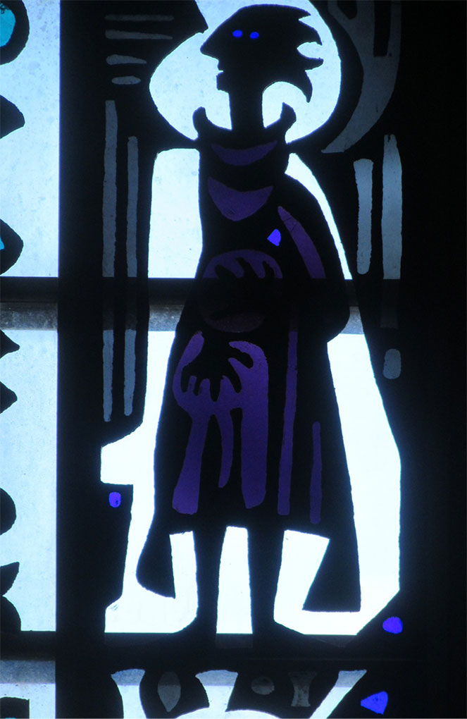 Stained-glass figure in dark purple and black, shown standing with stylized features and bright backlighting in pale blue and white tones.