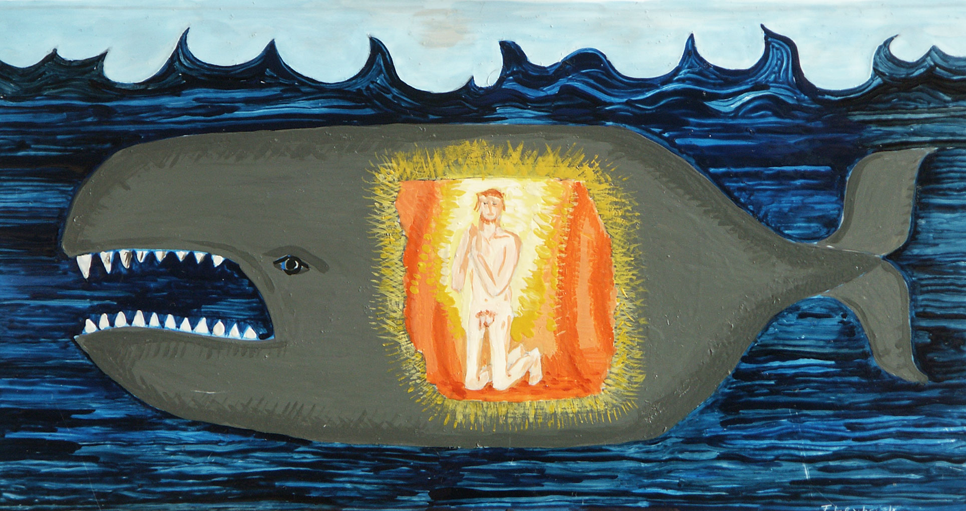 Colorful painting of Jonah kneeling and glowing inside a large gray whale swimming through dark blue waves under a pale sky.