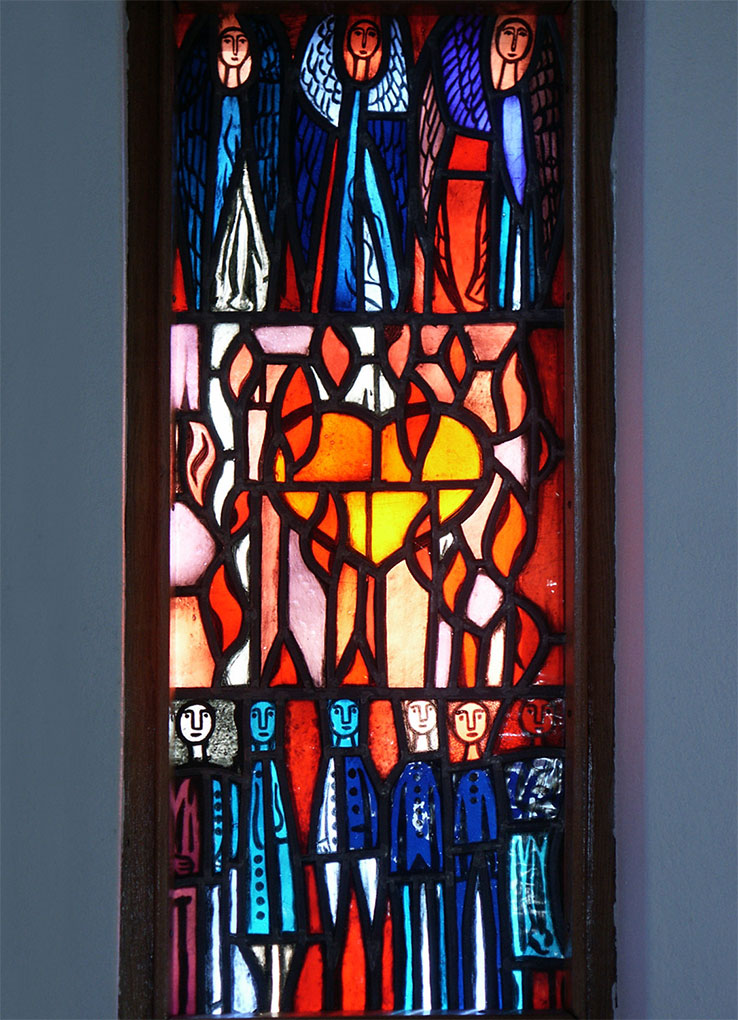 Stained-glass window with rows of angels above a radiant orange form and a group of stylized blue-clad figures standing below.