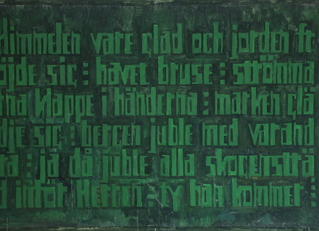Green-toned artwork with large, blocky Swedish text filling the entire frame, painted in layered dark and light greens for a textured effect.