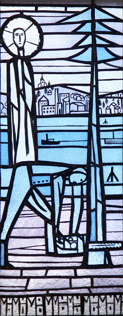 Stained-glass panel showing a haloed figure by a shoreline with boats, trees, and a distant village, rendered in blue and purple tones.