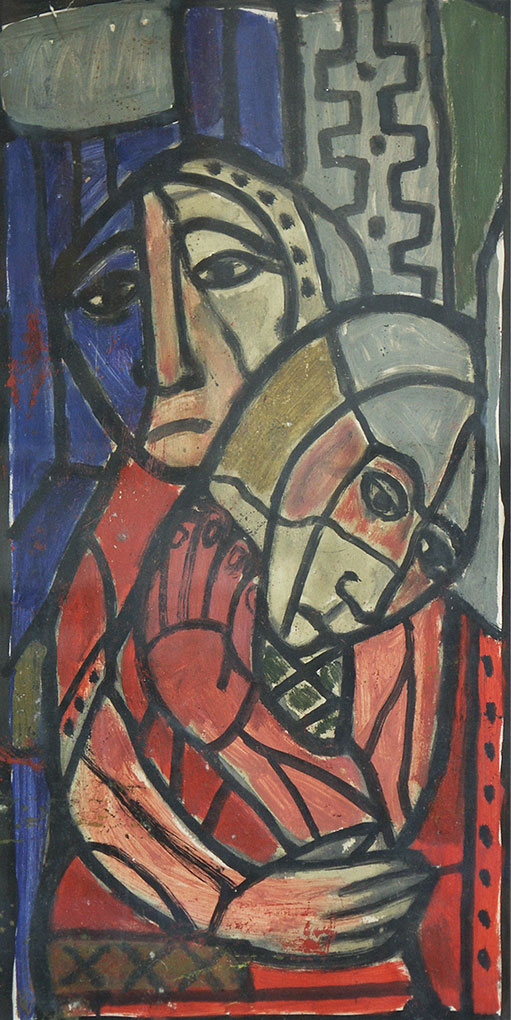 Abstract painting of two sorrowful figures in red and muted tones, one embracing the other, rendered with bold black outlines and layered shapes.