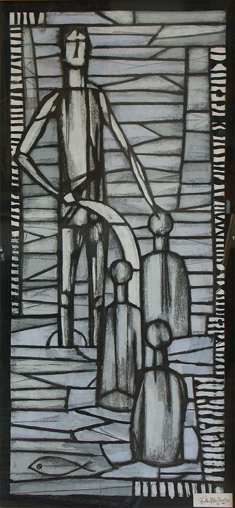Stained-glass style artwork showing a tall central figure with outstretched arm beside three smaller figures, set against angular grey patterns.