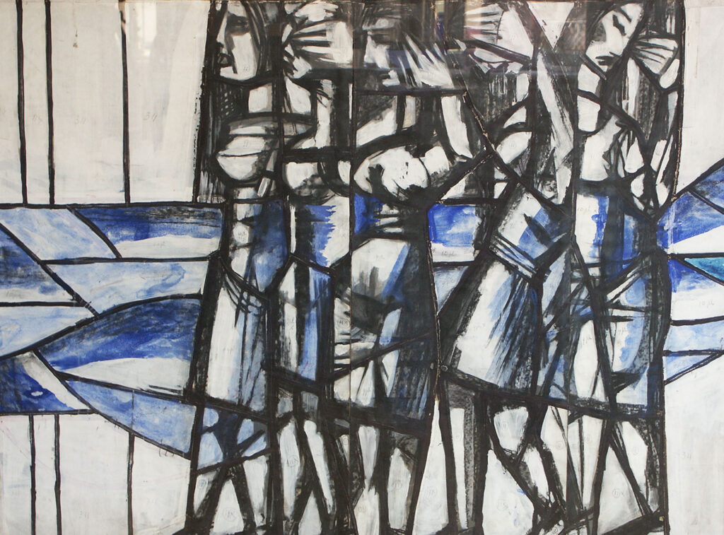 Blue-toned draft artwork showing abstract, angular figures walking together with flowing shapes behind them, resembling a stained-glass design.