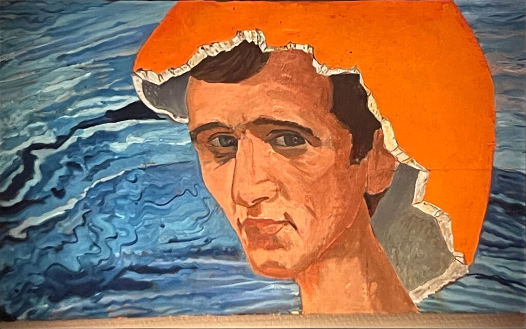 A painted portrait of a man wearing a torn orange cap, set against swirling blue water-like brushstrokes.