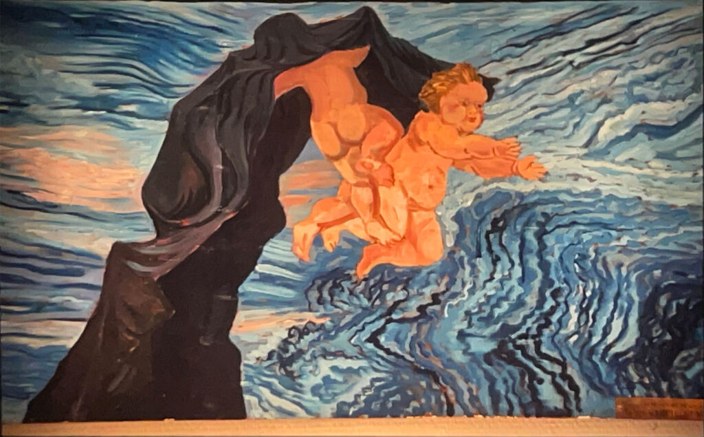 A painting of a dark, hooded figure holding two cherub-like infants above turbulent blue swirling water.