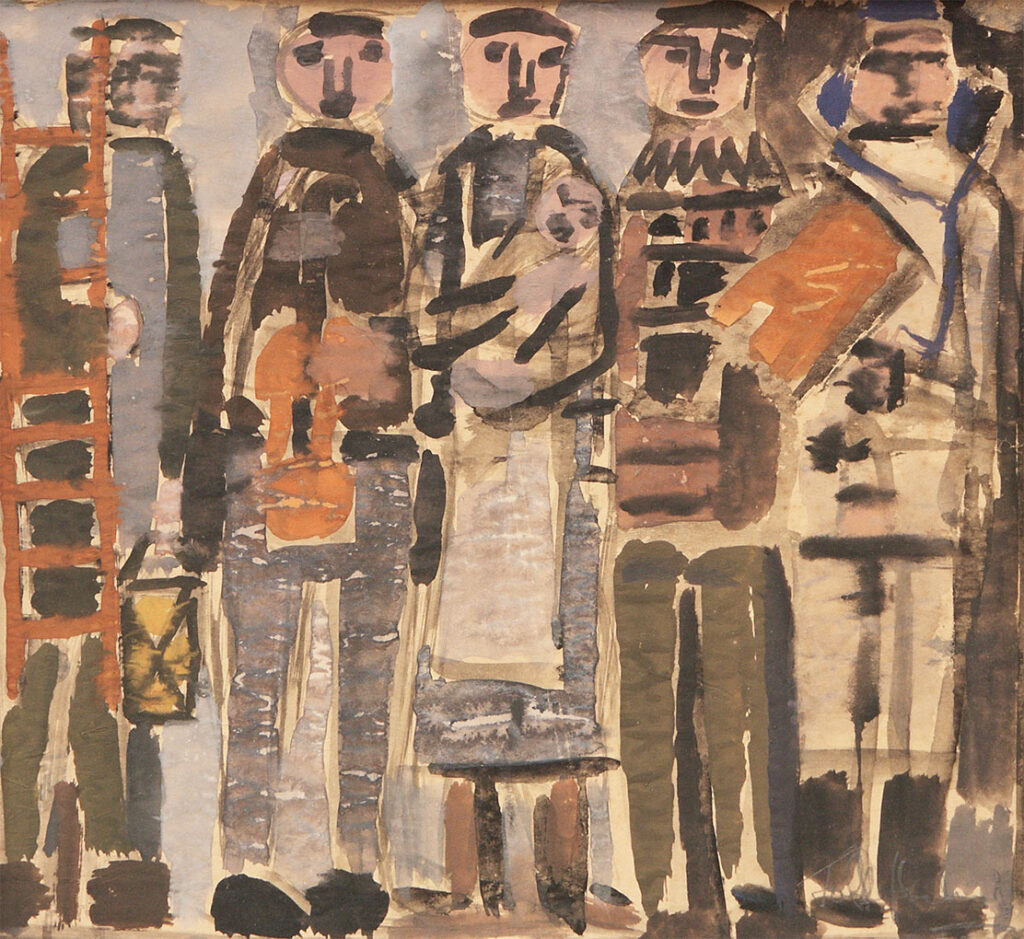 Watercolor sketch of simplified human figures standing in a row, painted in earthy tones with bold, expressive brushstrokes.