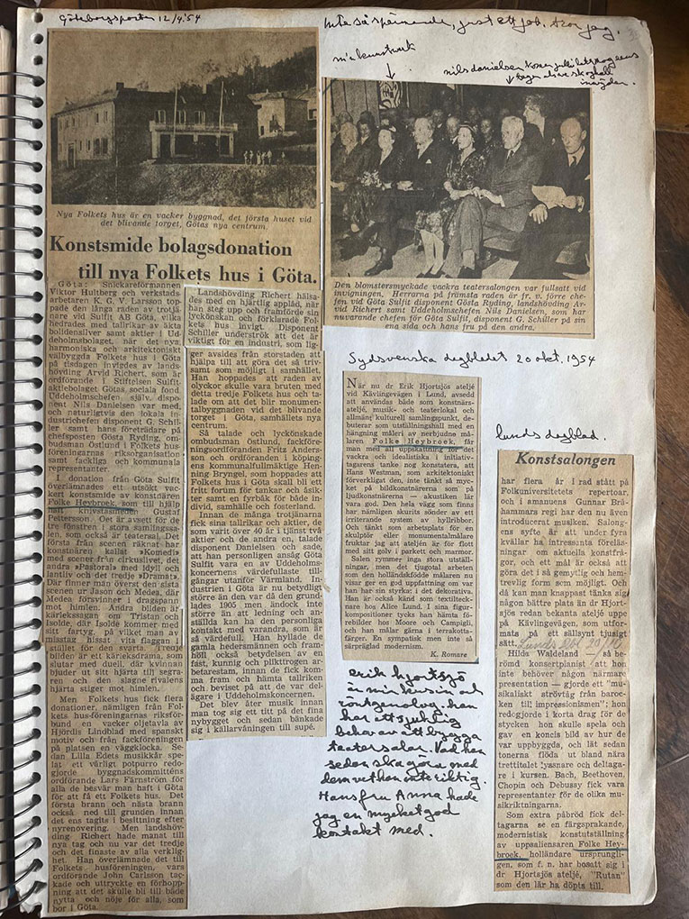 Diary page with 1950s newspaper clippings about Göta Folkets Hus, handwritten notes, photos of attendees, and typed articles.