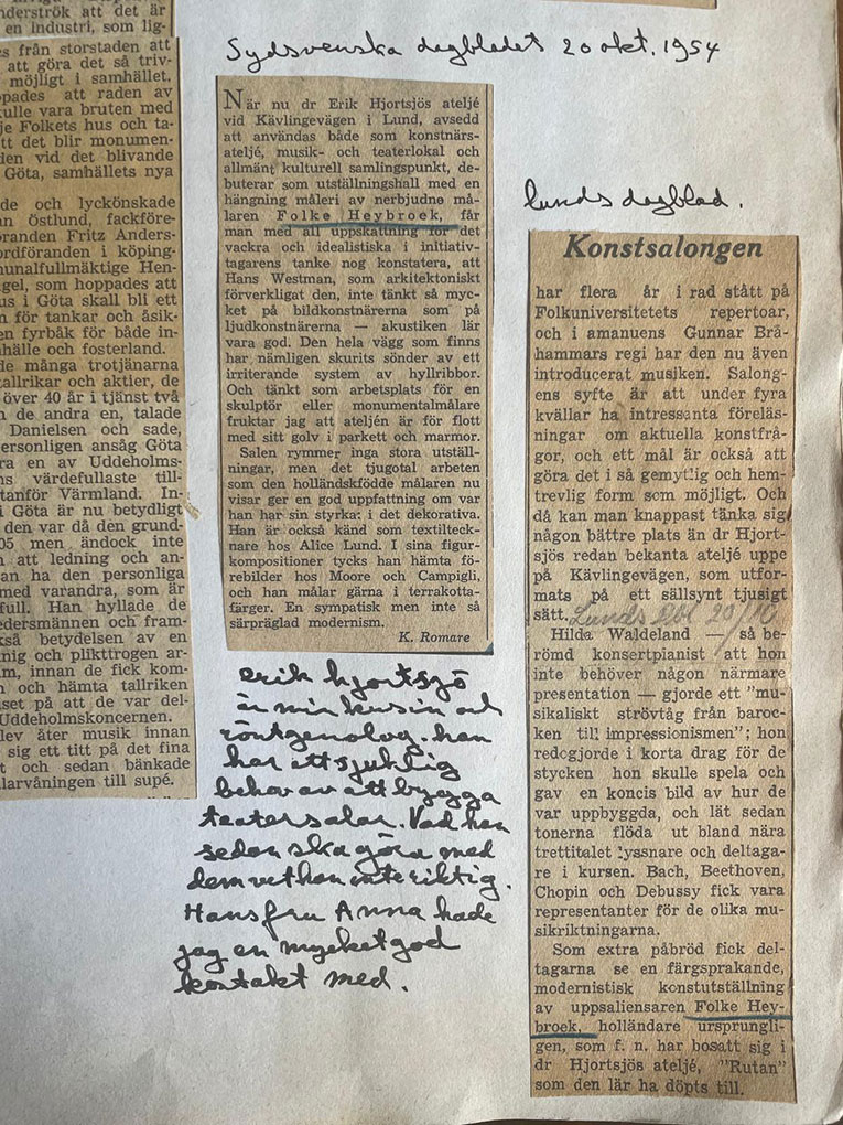 Diary page with 1954 Sydsvenska Dagbladet clippings on Erik Hjortsjö’s studio, surrounded by handwritten notes in ink.