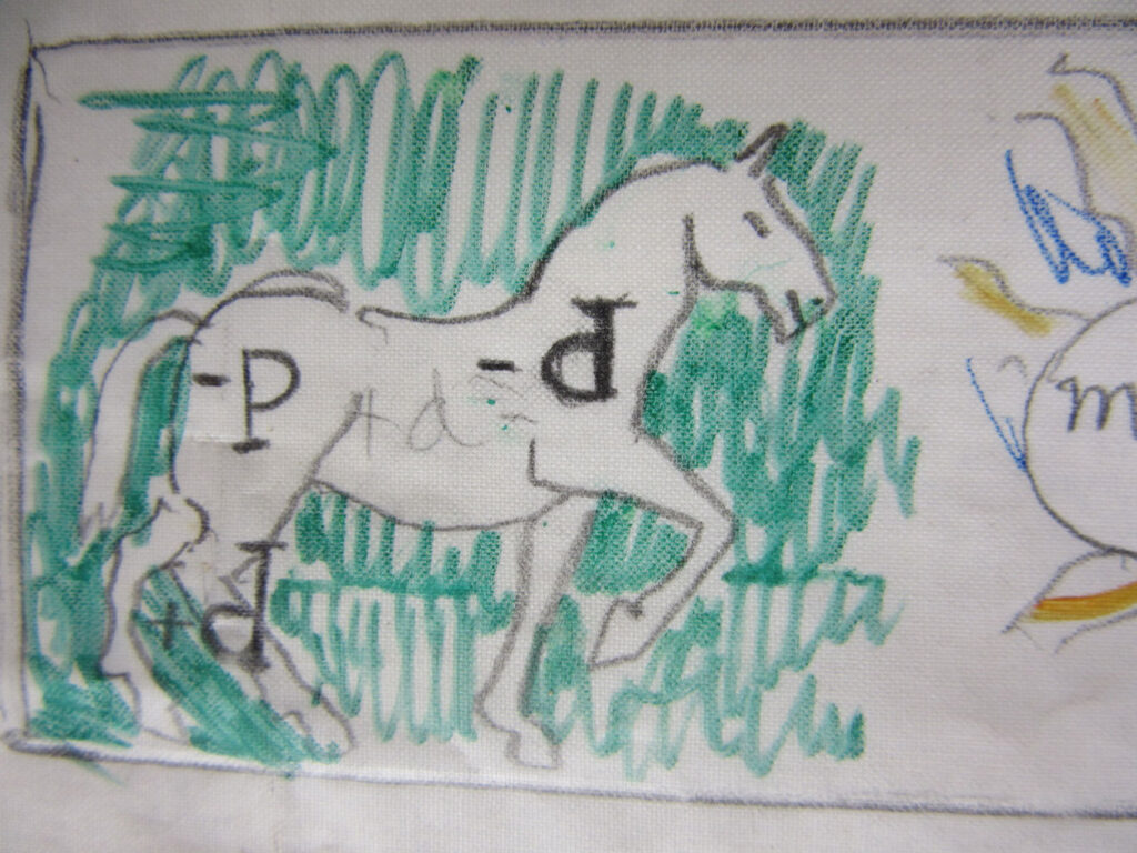 Childlike sketch of a horse outlined in pencil with green background shading and letters “P” and “d” drawn on its body.