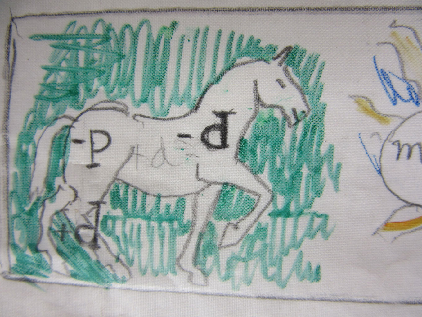 Childlike sketch of a horse outlined in pencil with green background shading and letters “P” and “d” drawn on its body.