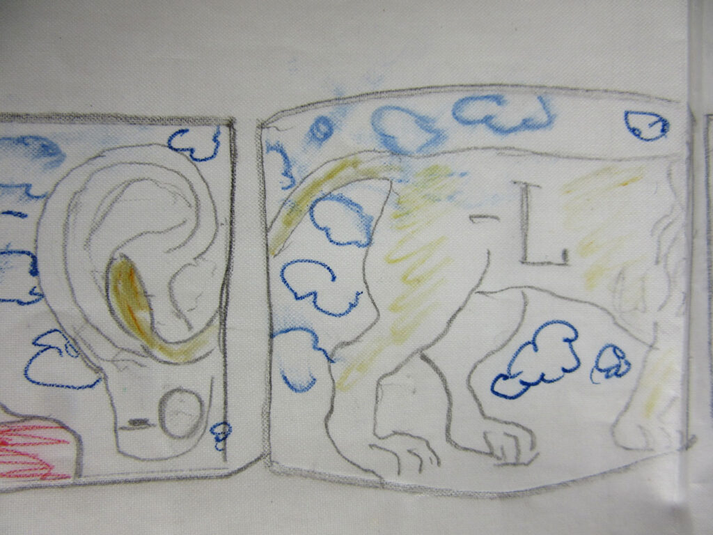 Simple sketch of an animal with an oversized ear and cloudlike blue shapes, with the letter “L” written on its body.