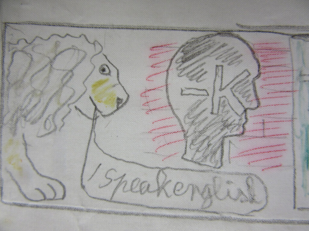 Pencil drawing of a lion beside a shaded human head marked with “K,” with “I speak english” written below.