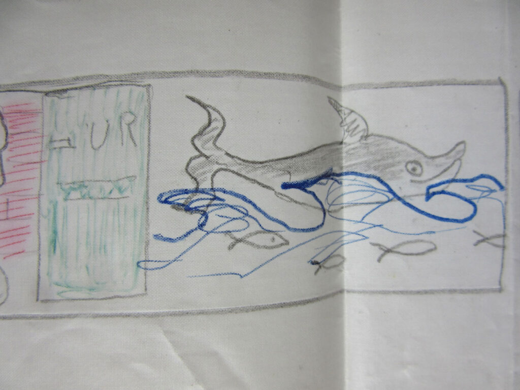Sketch of a dolphin swimming through blue scribbled water, with small fish below and a lightly drawn background.