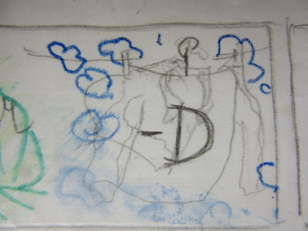 Sketch of laundry or fabric hanging on a line with blue cloud shapes around it and a large letter “D” in the center.