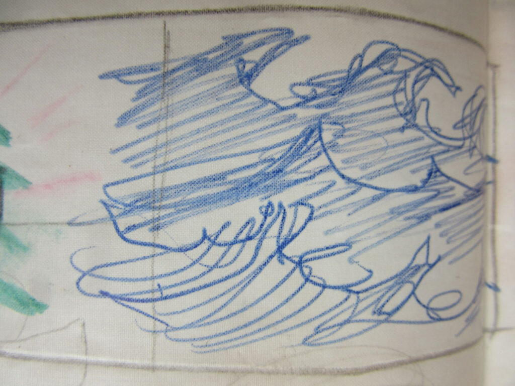 Blue scribbled abstract drawing suggesting motion or wind, with swirling lines and loosely sketched shapes.