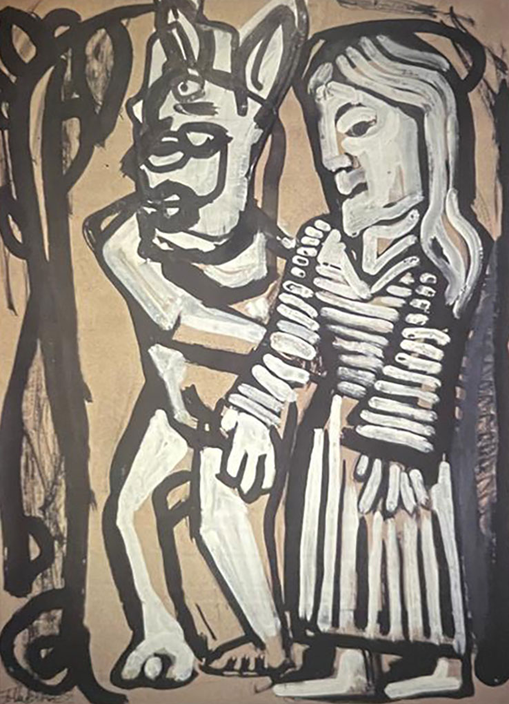Abstract black-and-white painting of a figure with animal-like ears beside a long-haired person, outlined boldly against a tan background.