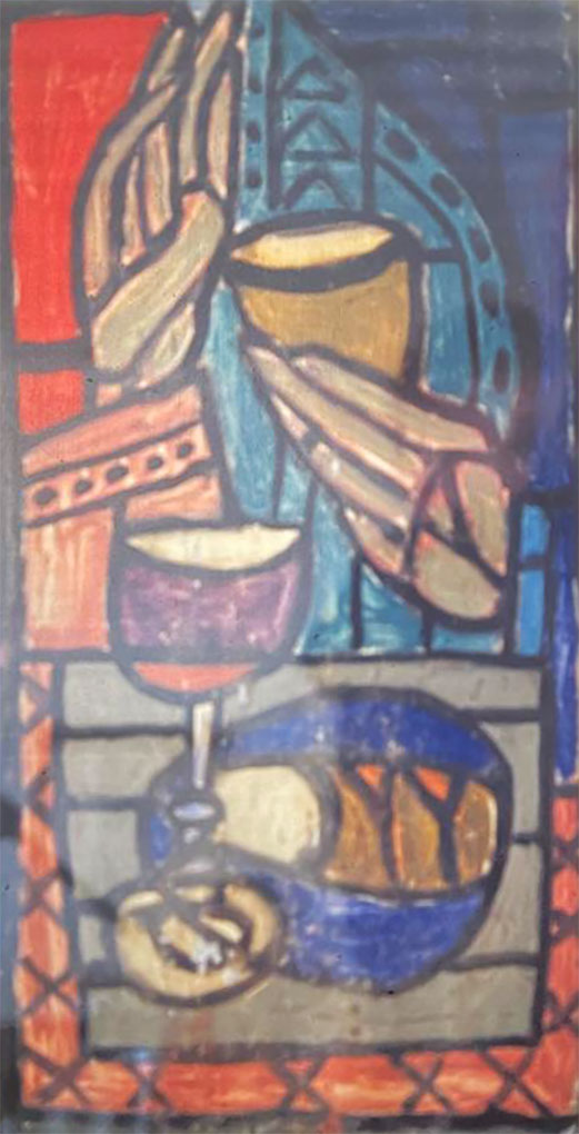 Abstract painting of hands holding a cup above bread and a chalice, rendered in bold lines and rich red, blue, and gold tones.